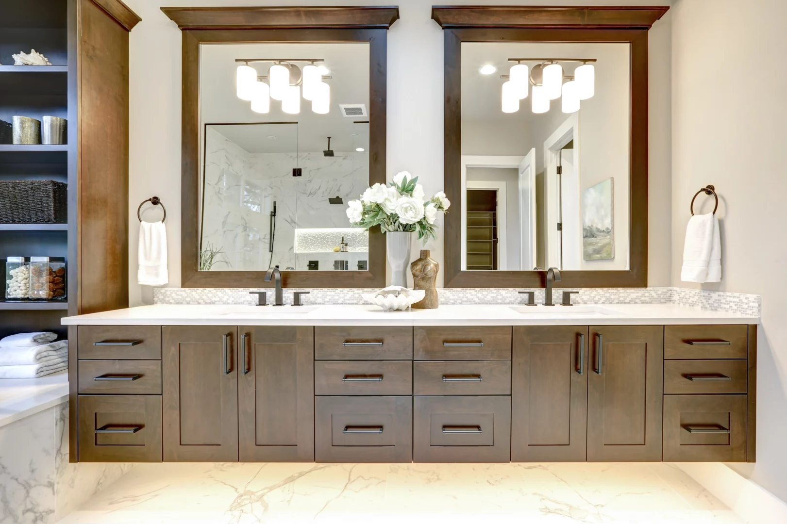 Hardwood cabinetry and mirror framing featured in a modern, beautiful bathroom. Bathroom Remodel Inspiration 