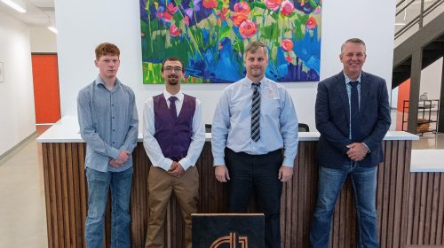 LEFT TO RIGHT: Michael Chandler (D&D Hardwood), Quinton Rogers (Missouri Walnut), Roman Matyushchenko (NHLA), and Jim Long (D&D Hardwood) NOT PICTURED: Matthew Yoder and Jason Yoder (both of Yoder Hardwoods)
